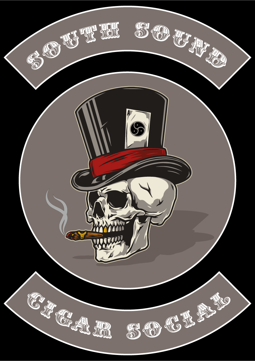 South Sound Cigar Social patch: a skull in a top hat smoking a cigar